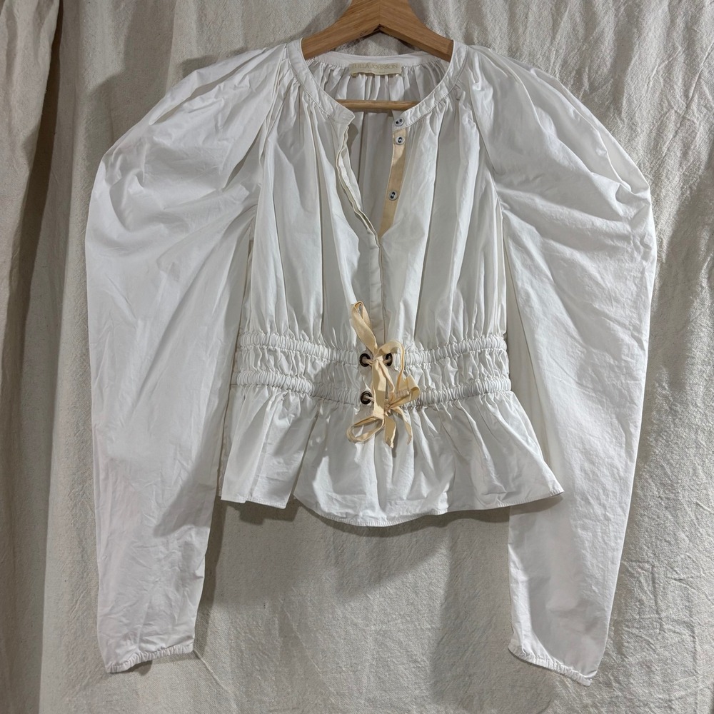 Ulla Johnson White Long-Sleeve Peasant Blouse with Cream Tie